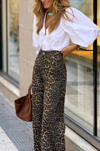 White V-neck puff-sleeved loose-fitting shirt