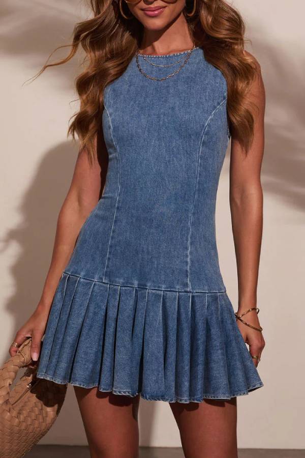 Vintage Wash Sleeveless Backless Tie Pleated Denim Mini Dress