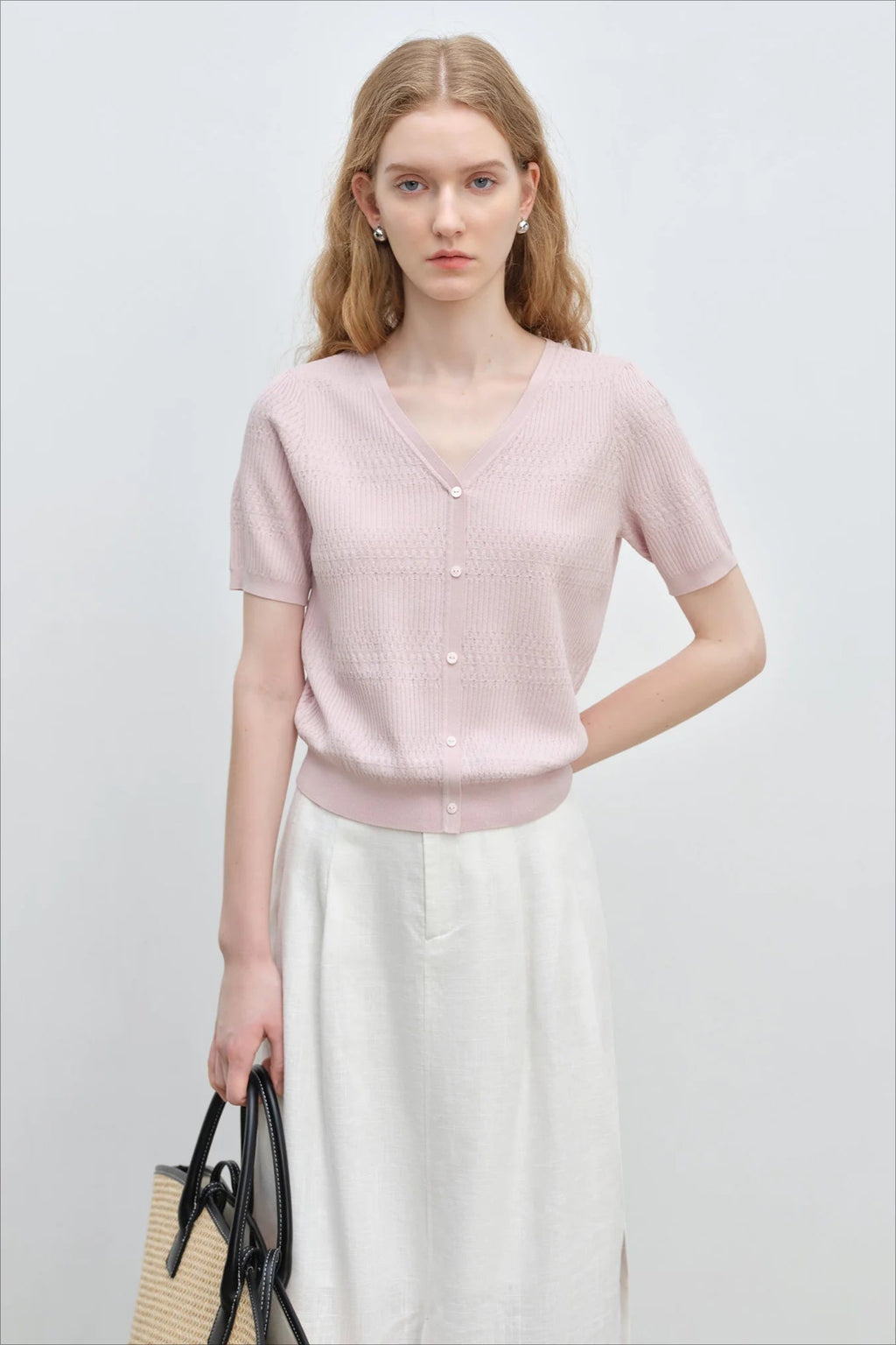French Knit VNeck Short Sleeve Cardigan