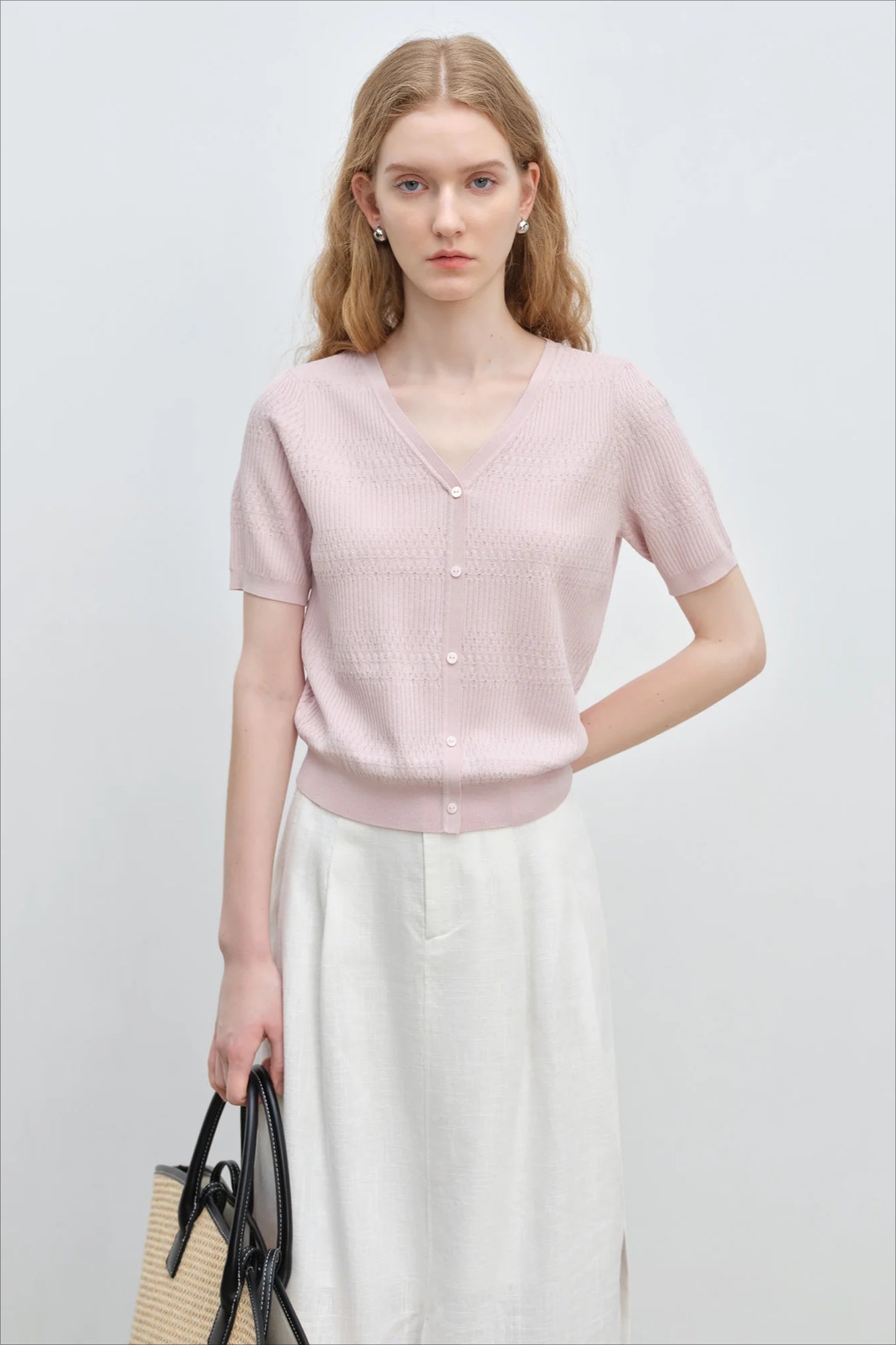 French Knit VNeck Short Sleeve Cardigan