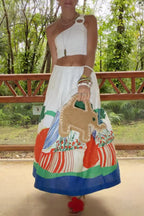 Mexican Night Linen Blend Unique Print Ring One Shoulder Top and Elastic Waist Pocket Maxi Skirt Set