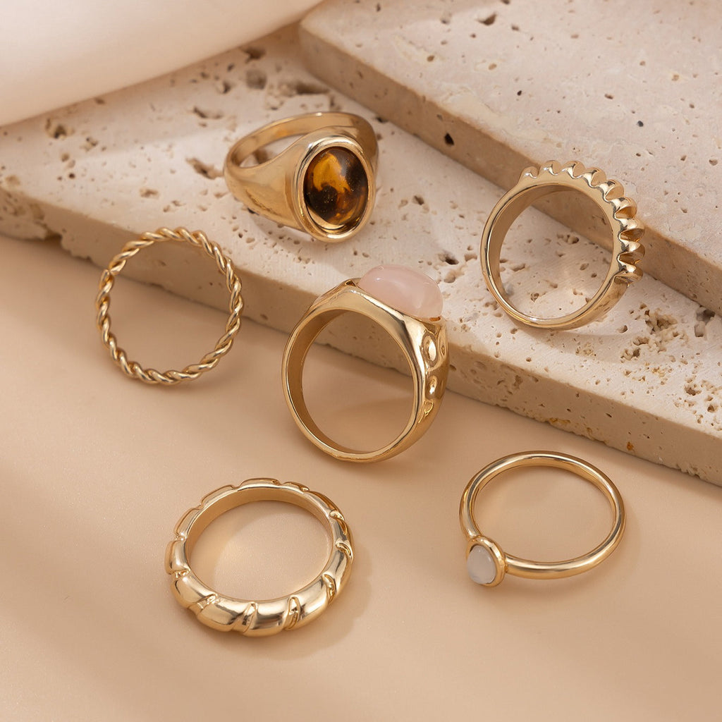 6-Piece Irregular Gemstone Metal Ring Set