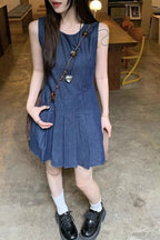 Sleeveless Pleated Denim Dress