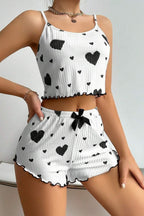 Heart Pattern Ribbed Cami Top Pajama Shorts Set