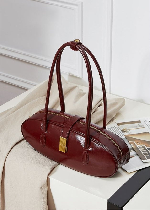 Oval Patent Leather Top Handle Bag – Chic Structured Handbag for Women