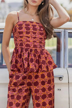Chainlink Printed Bubble Back Pleated Slip Top and Elastic Waist Pocket Loose Pants Set
