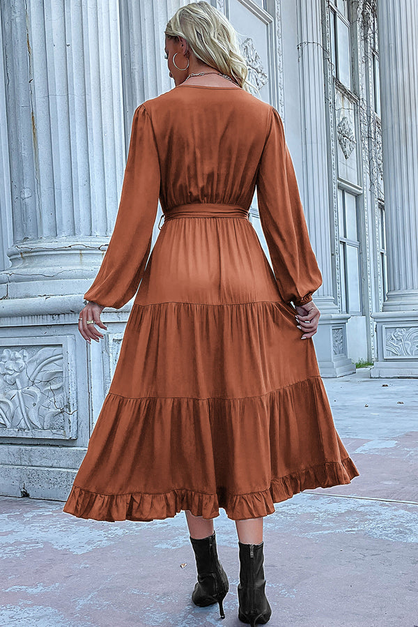 Scarlett Aesthetic Pleated Dress with Cinnamon Knots, Lantern Sleeves and Ruffled Hem Chic Silhouette Collection