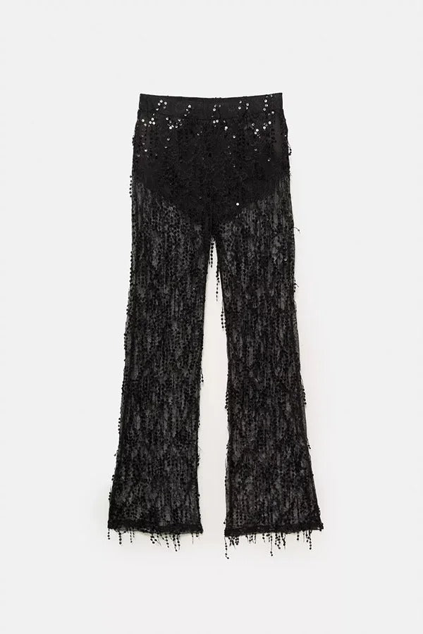 Yulissa Layered Sequin Tassels Mid Rise Stretch Waist Wide Leg Pants