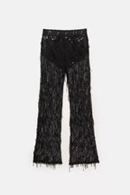 Yulissa Layered Sequin Tassels Mid Rise Stretch Waist Wide Leg Pants