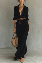 City Sleek Single Breasted Long Sleeve Warp Slit Shirt Maxi Dress