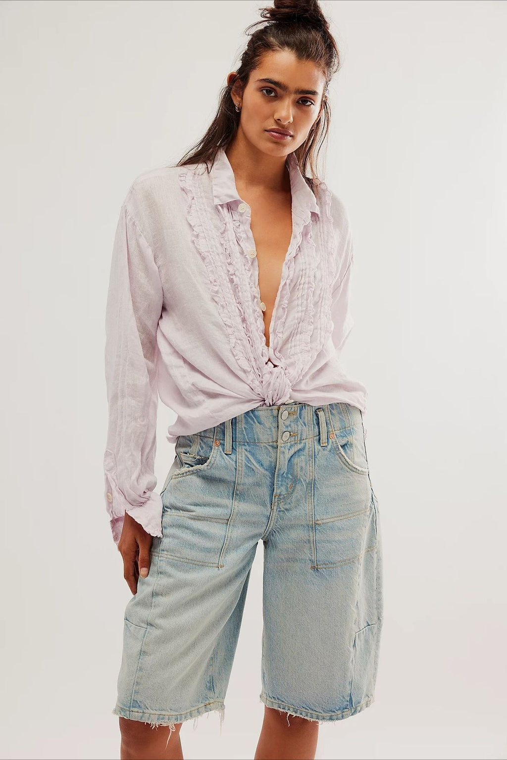 Linen Ruffled Long-Sleeve Blouse