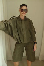 Shoulder-Buttoned Waist-Cinched Bomber Jacket