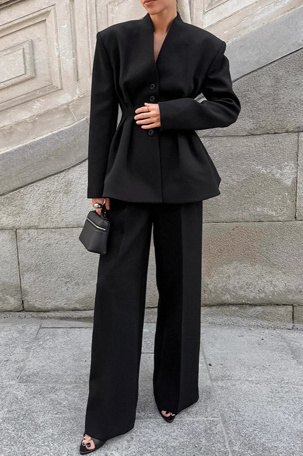 Black VNeck Ruched Waist Blazer