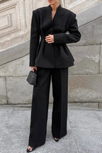 Black VNeck Ruched Waist Blazer