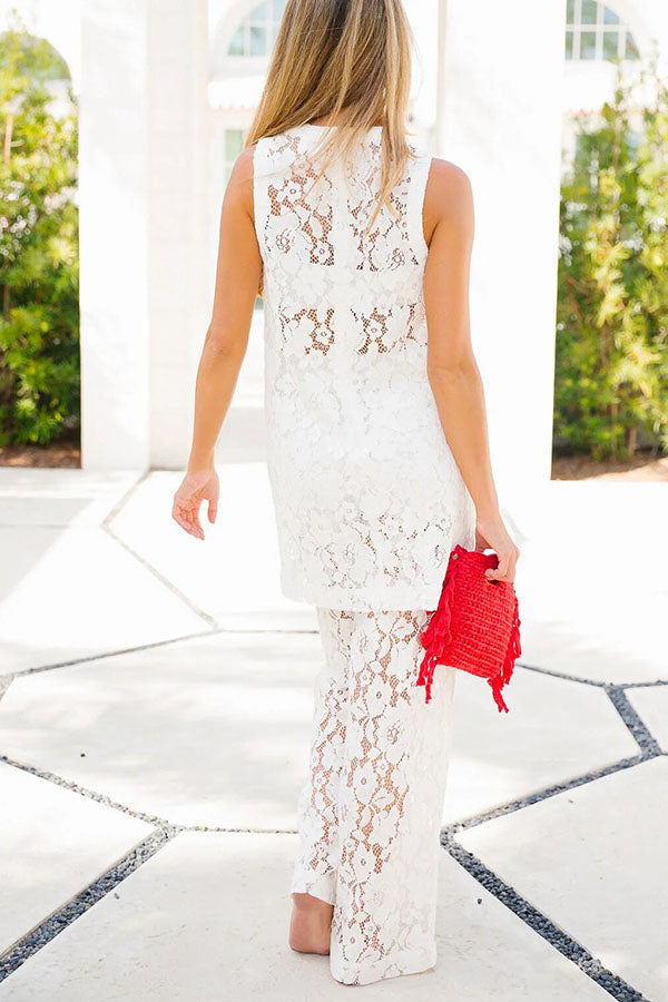 Chic Summer Floral Lace Sleeveless Midi Top and Elastic Waist Loose Pants Set