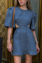 Vintage Denim Cutout Ruffled High Waist Mini Dress