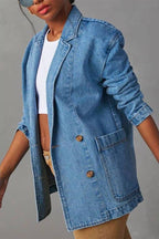 Notch Lapel Button Front Pocketed Denim Blazer