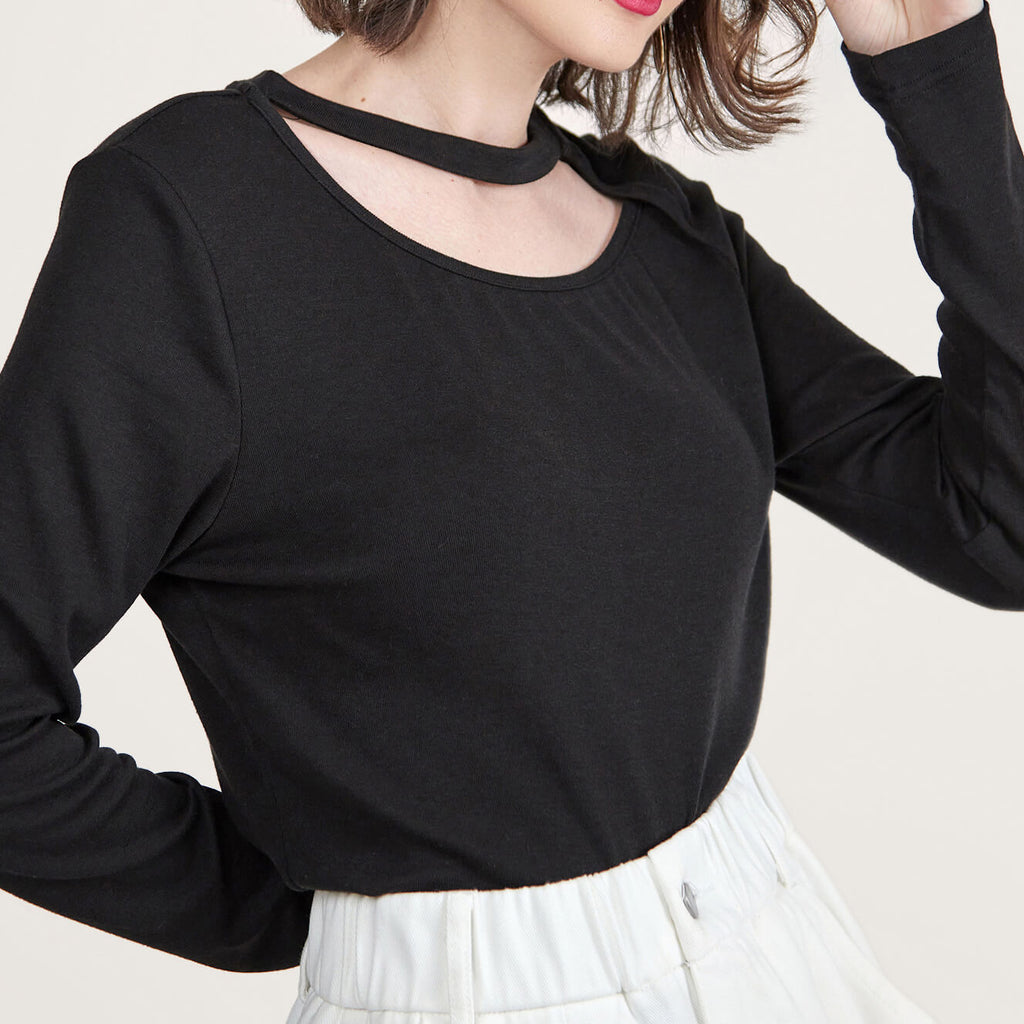 Black Long Sleeve Asymmetric Cut Out Top