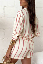 Leisure Time Striped Print Button Long Sleeve Shirt and Elastic Waist Pocket Loose Shorts Set