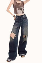 Vintage Distressed Raw Hem Low-Rise Wide-Leg Jeans