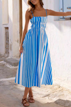 Striped Print Camisole Pleated Holiday Midi Dress