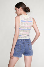 Ivory Striped Button-Up Knitted Collar Vest