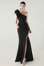 Ruffled Floral One Shoulder Satin Party Dress