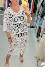 Fashionable Openwork Crochet Loose Round Neck Casual Midi Dress