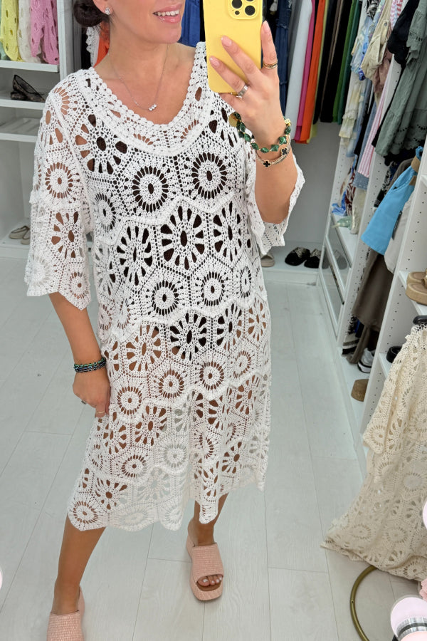 Fashionable Openwork Crochet Loose Round Neck Casual Midi Dress