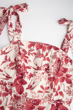 Dark Red Floral Print Tie Strap Slit Hem Midi Dress