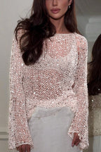 Sequin Trim Long Sleeve Knit Mesh Top