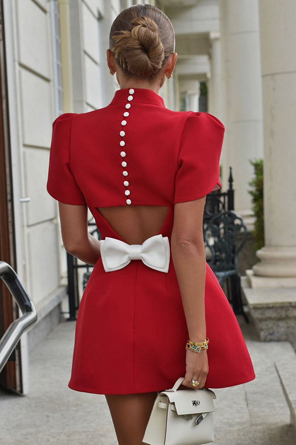 Charlie Chic Short Sleeve, Backless Mini Dress with Slit and Detachable Satin Bow Statement Occasion Edit