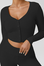 Latte Print Slim Crop Button Long Sleeve Crop Top