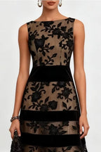 Rosmie Flower Mesh Lace Colorblock Boat Neck Sleeveless A-Line Midi Dress
