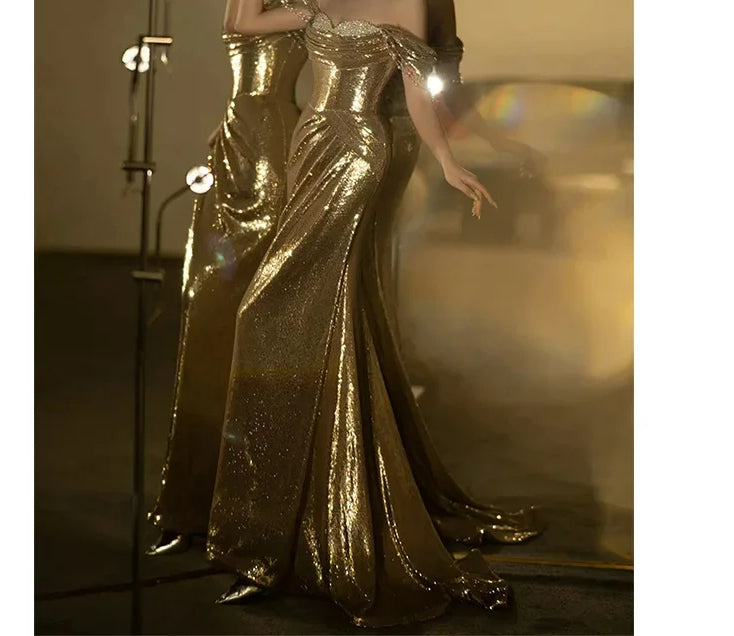 Golden Backless Sequined Party Dress