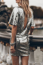 Countdown Celebration Sequin Short Bell Sleeve Open Back Ruched Mini Dress