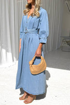 Sara Effortless Casual Denim Maxi Dress with Button Placket and Waist Premium Wardrobe Essential