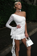 One Shoulder Lace Ruffle Tie Mini Dress