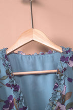 Light Blue Floral Print Ruffle Trim Maxi Dress