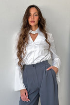 Pintuck Flare Sleeve Cotton Blouse