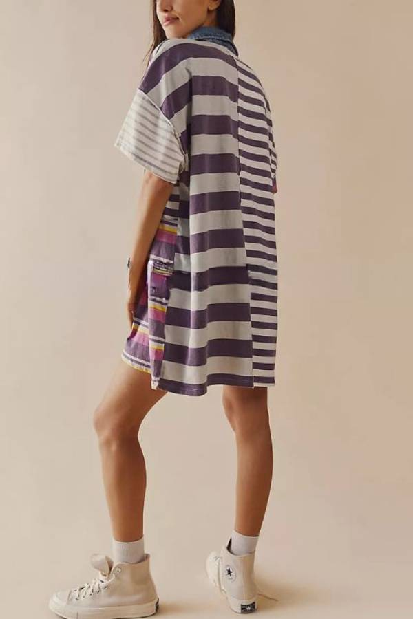 Tatiana Effortless Casual Dress with Mediumength Sleeves, Lapels and Contrasting Stripes Premium Wardrobe Essential