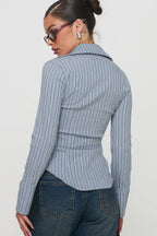 Fitted Striped Collared Buttoned Long Sleeve Blouse