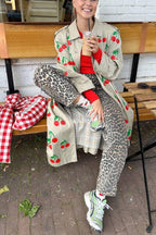 Fashion Fruit Print Long Coat Cherry Trench Coat