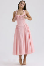 Floral Halter Lace Trim Long Sleeveless Prom Dress