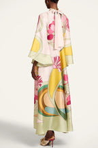 Darla Satin Colorful Baroque Style Printed Tie-up Neck Bell Sleeve Maxi Dress