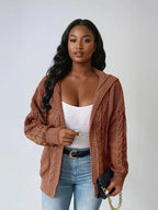 Plus Size Hooded Cable Knit Cardigan Open Front Casual