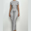 Crewneck body pattern short sleeve striped contrast midi dress