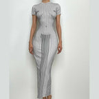 Crewneck body pattern short sleeve striped contrast midi dress