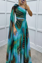 Lucia Unique Print Floral Detail One Shoulder Draped Sleeve Gown Maxi Dress