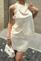 Lace Sleeveless Draped Collar Halter Mini Dress